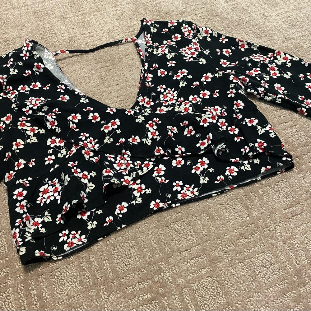 {Zara} Floral Ruffle Long Sleeve Crop Top Blouse~ Size Small - Picture 4 of 16